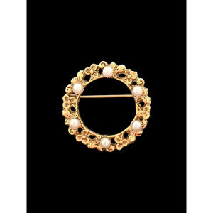 Vintage Unsigned Tacoa Brooch Pin Oval Goldtone and Faux Pearl